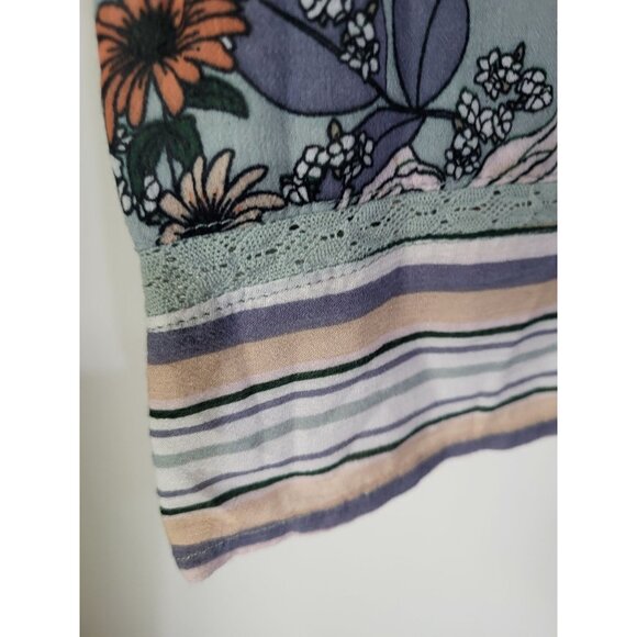 DEMOCRACY Women's SZ LG Floral Striped 3/4 Kimono Sleeve V-Neck Flowy Tunic Top - Picture 6 of 9